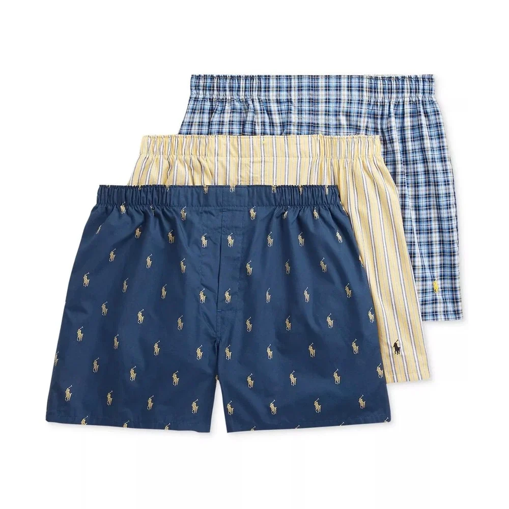 Polo Ralph Lauren Mens 3-Pack Classic Fit Cotton Woven Boxer Navy Plaid Stripe S